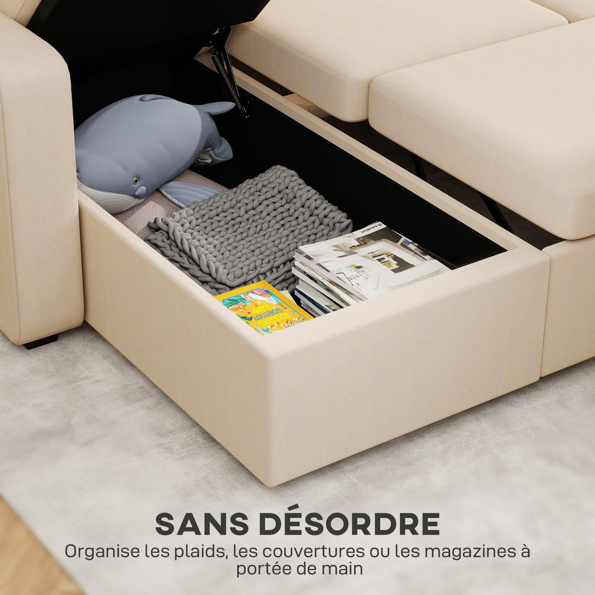 Canapé d'angle convertible 3 places en velours côtelé beige, 205 cm