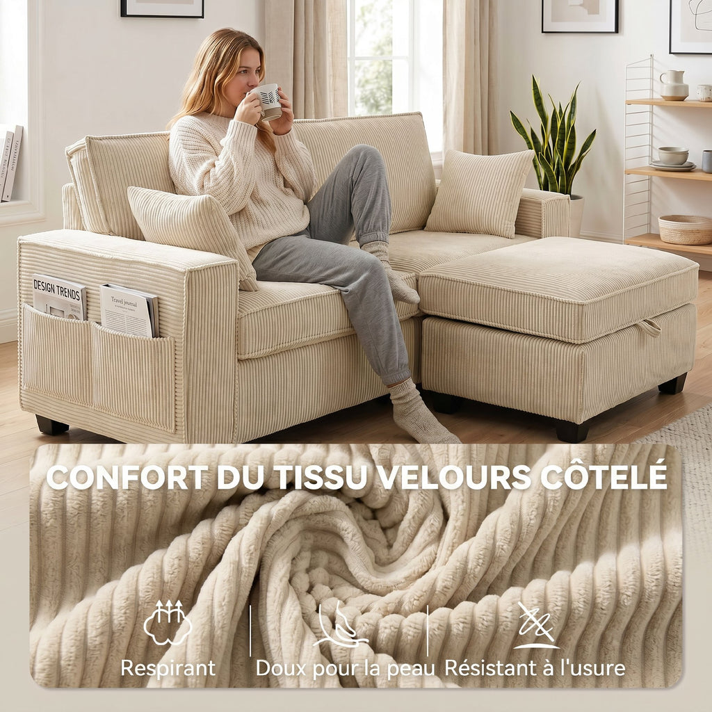 Canapé d'angle 3 places en velours côtelé beige avec pouf de rangement