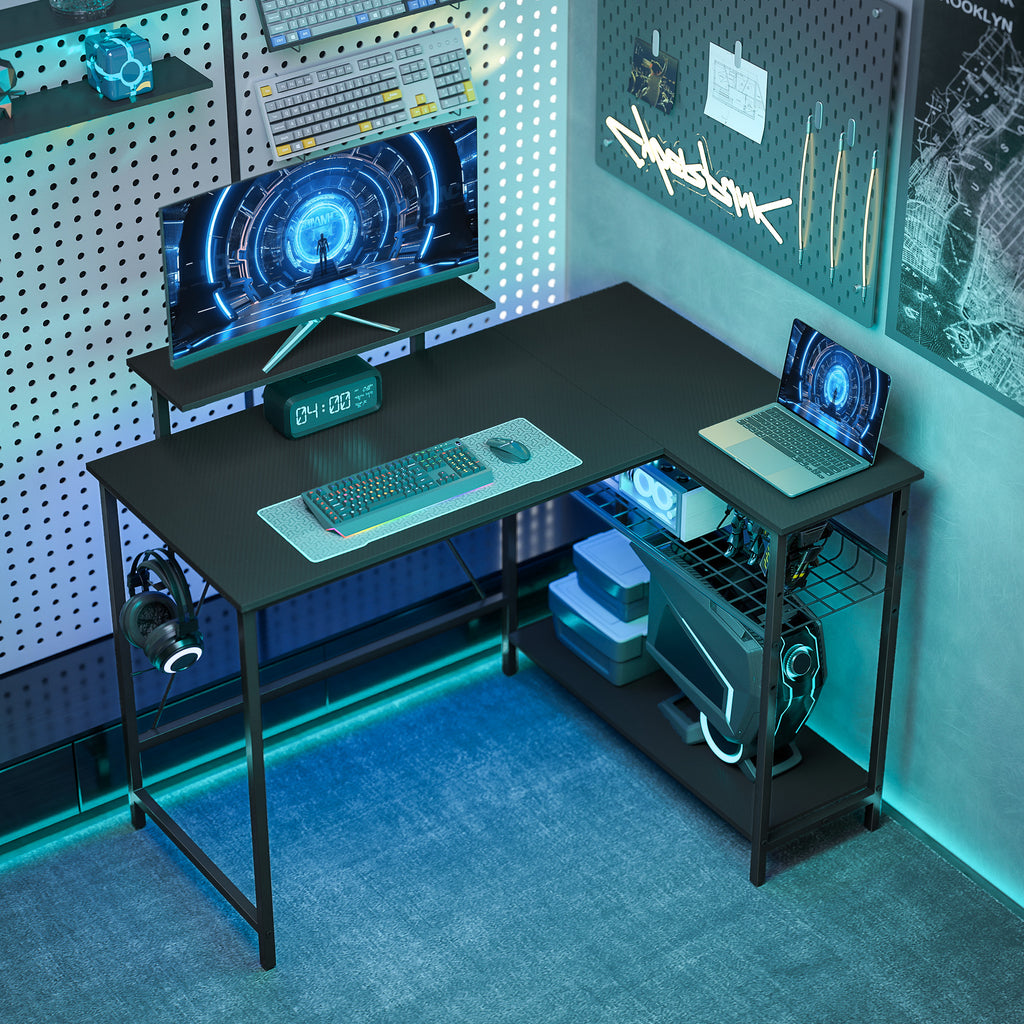 Bureau gaming d'angle réversible avec support écran, 114,5 cm, noir