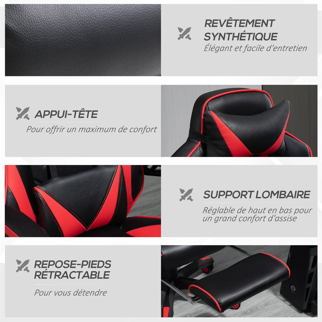 Chaise gaming ergonomique noir et rouge, repose-pieds et coussins inclus