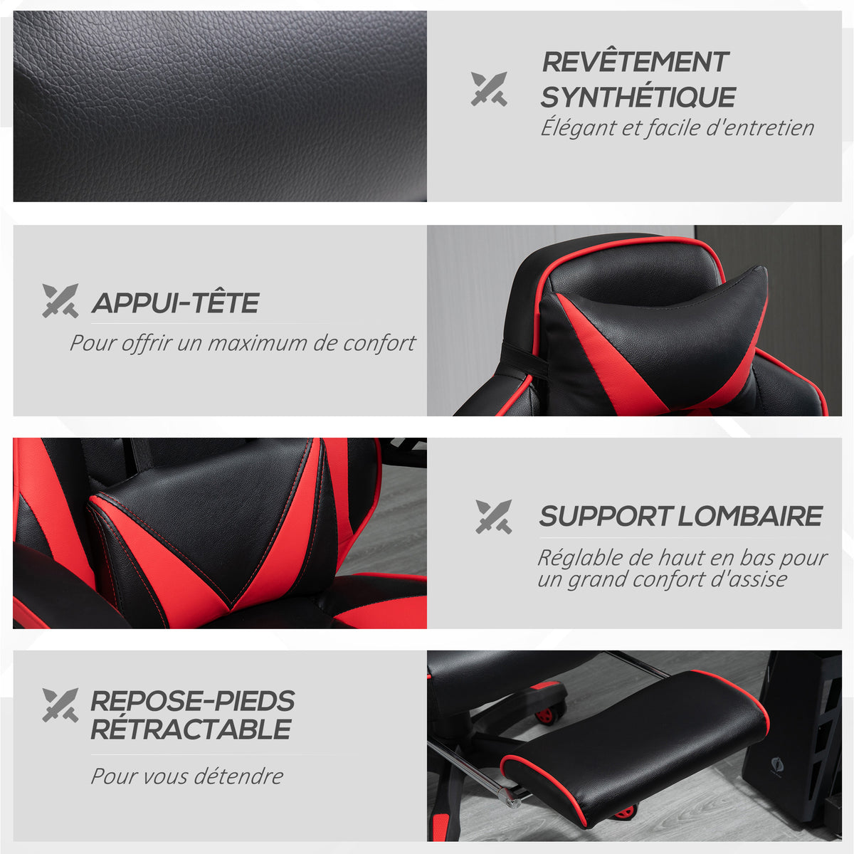 Chaise gaming ergonomique noir et rouge, repose-pieds et coussins inclus