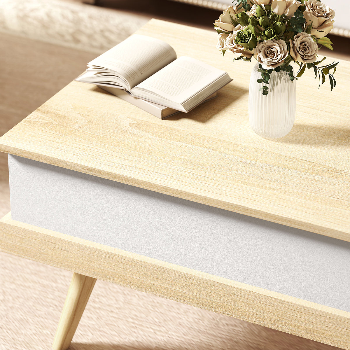 Table basse relevable avec 3 compartiments cachés, naturel et blanc