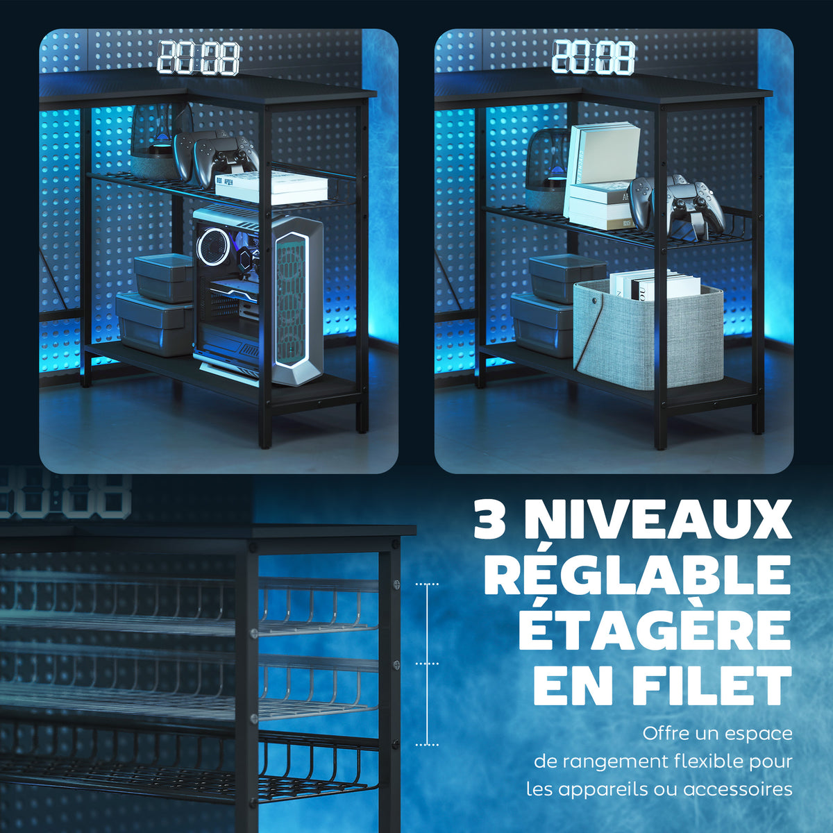 Bureau gaming d'angle réversible avec support écran, 114,5 cm, noir