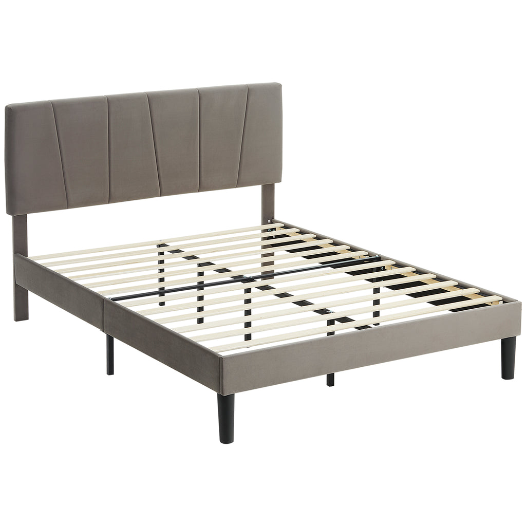 Lit double 140 x 190 cm gris effet velours, tête de lit réglable