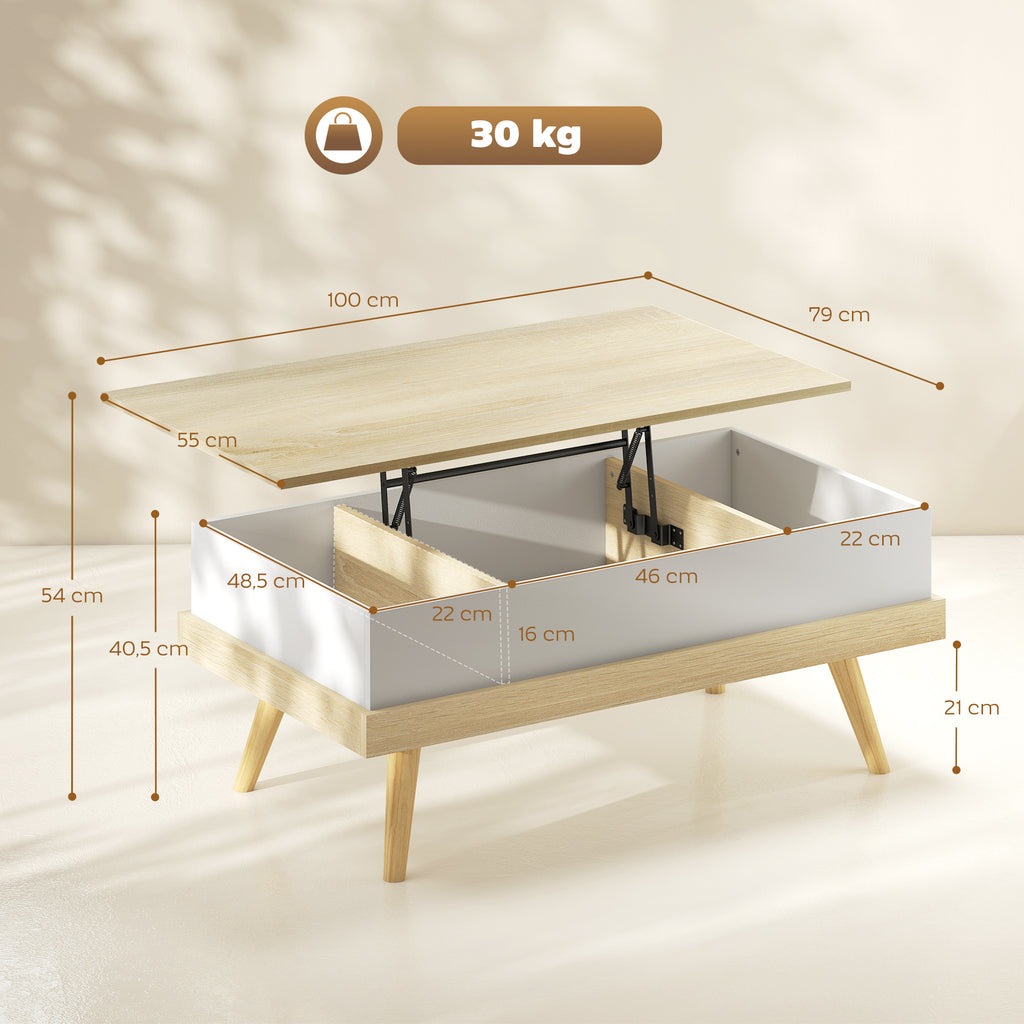Table basse relevable avec 3 compartiments cachés, naturel et blanc
