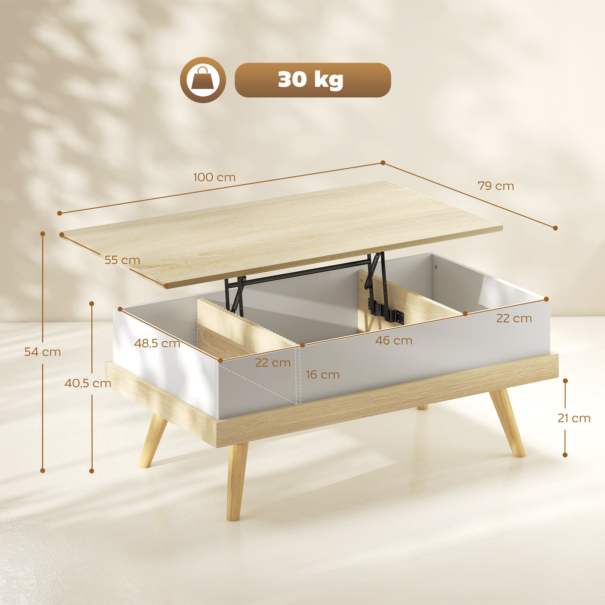 Table basse relevable avec 3 compartiments cachés, naturel et blanc