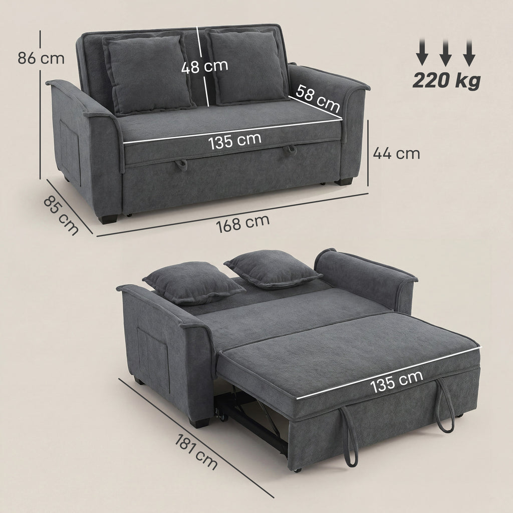 Canapé clic-clac convertible 2 places en chenille gris, poche latérale