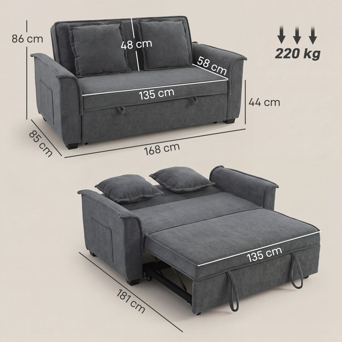 Canapé clic-clac convertible 2 places en chenille gris, poche latérale