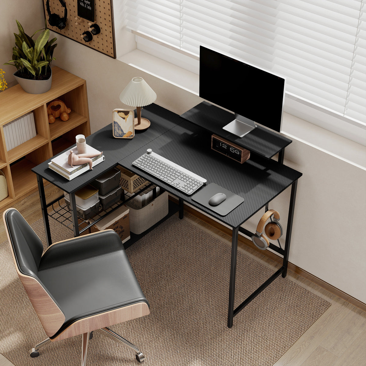 Bureau gaming d'angle réversible avec support écran, 114,5 cm, noir