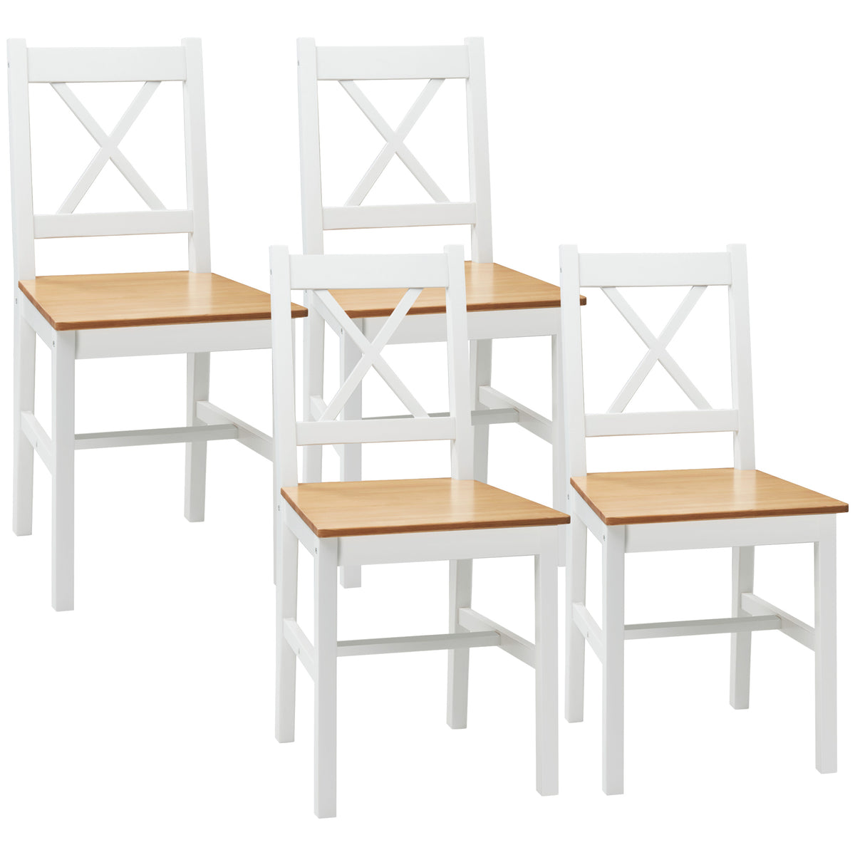 Lot de 4 chaises en bois massif style campagne, blanc et chêne