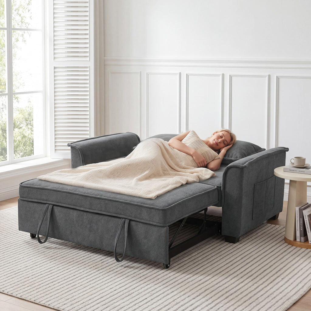 Canapé clic-clac convertible 2 places en chenille gris, poche latérale