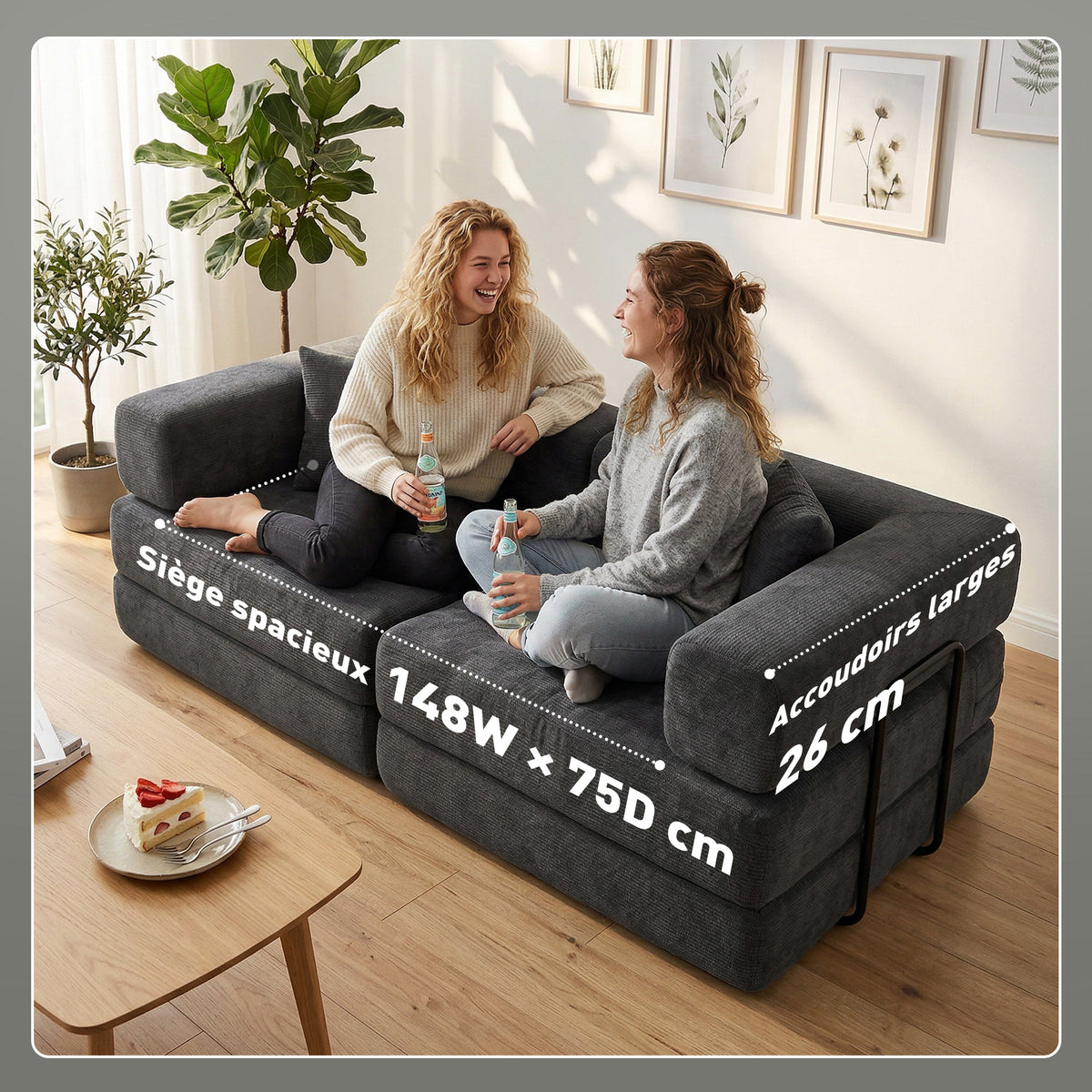 Canapé convertible 2 places 5 en 1 en chenille gris foncé, 198 cm