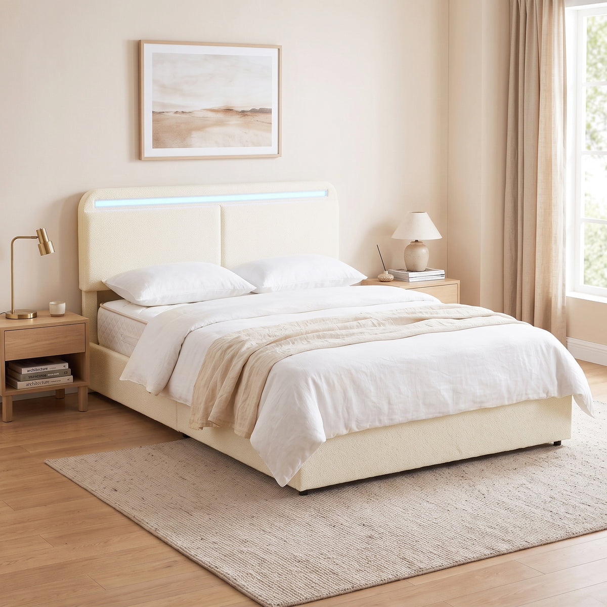 Lit coffre 140 x 190 cm en velours crème, LED RGB et rangement