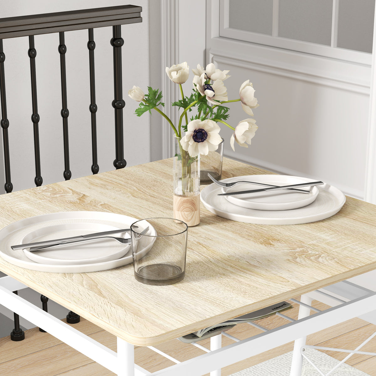 Ensemble table et 2 chaises encastrables, blanc et chêne