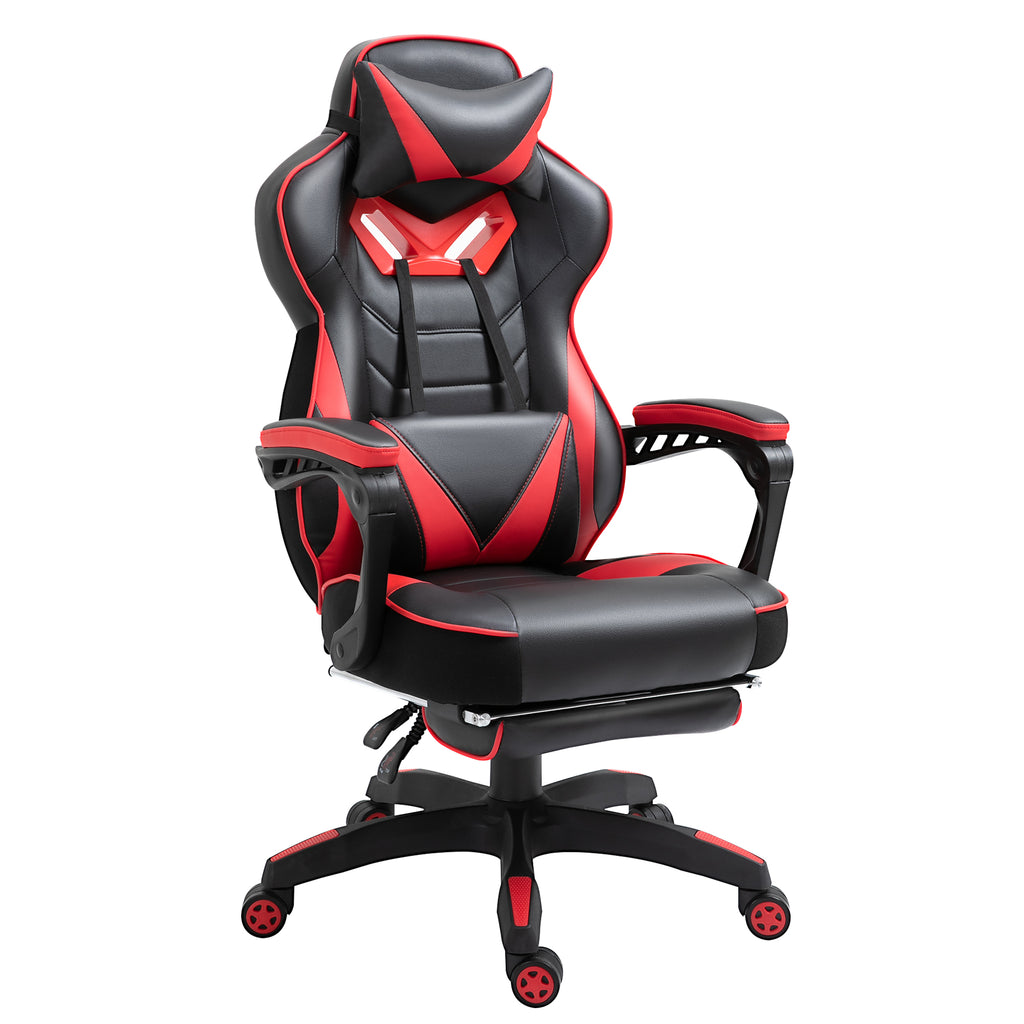 Chaise gaming ergonomique noir et rouge, repose-pieds et coussins inclus