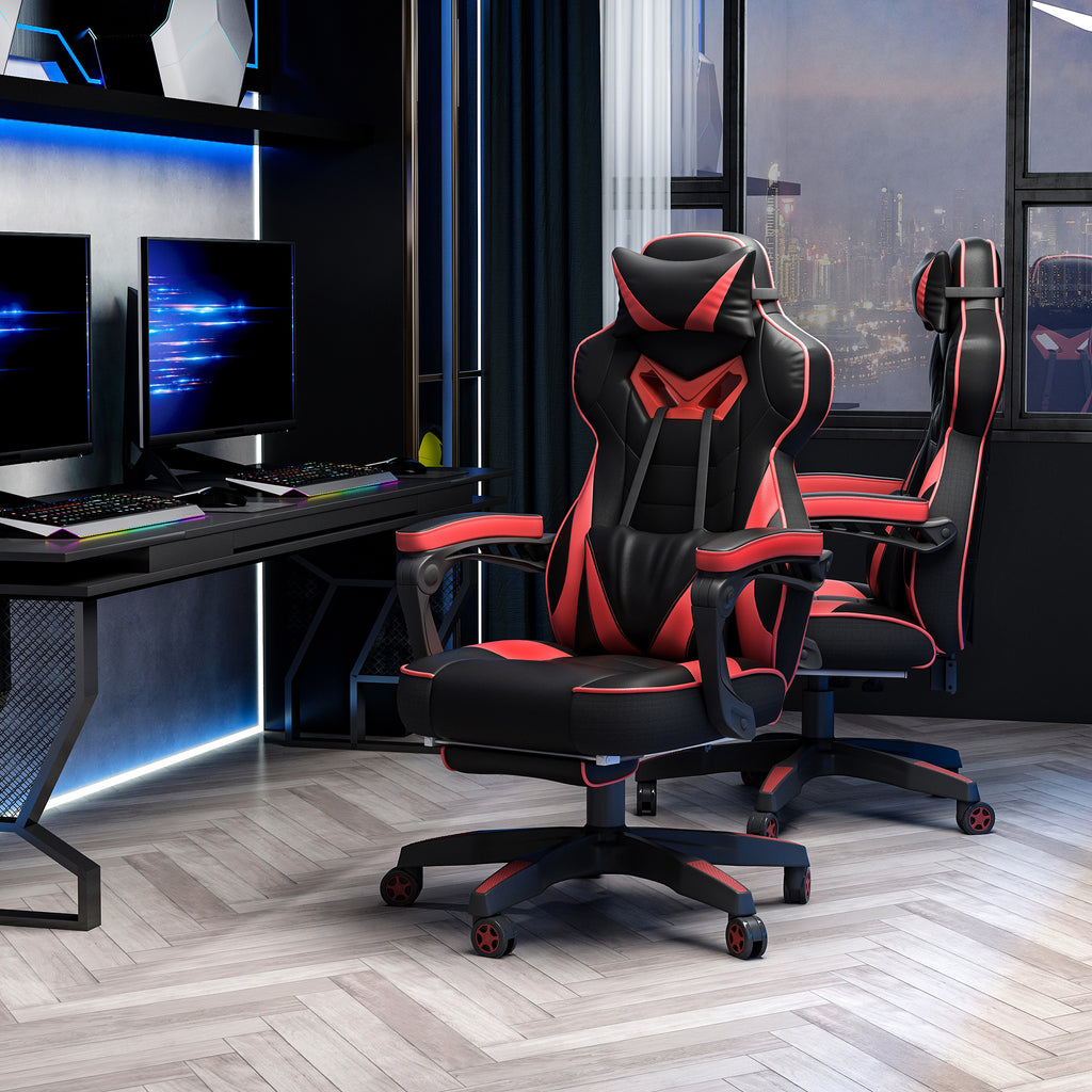 Chaise gaming ergonomique noir et rouge, repose-pieds et coussins inclus