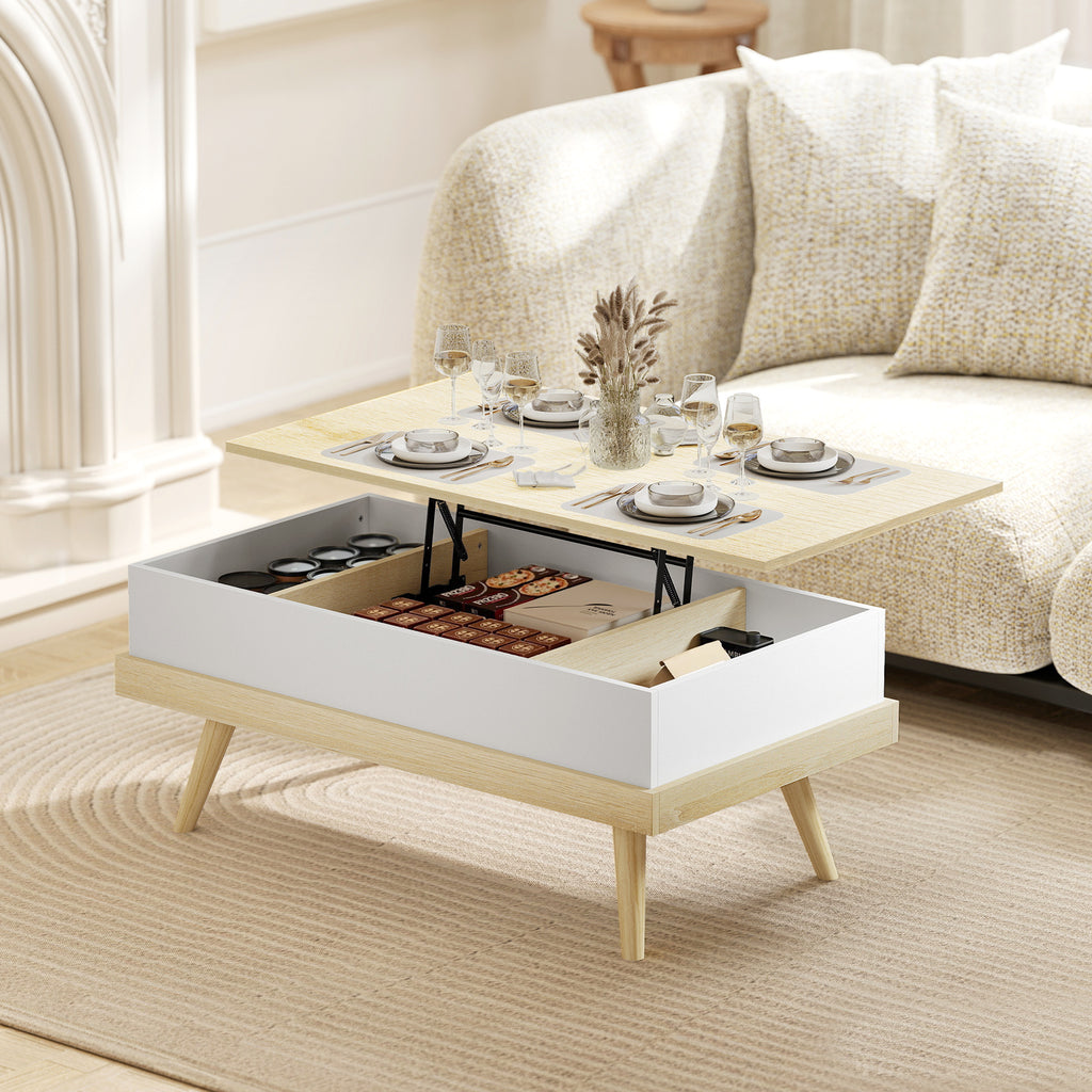 Table basse relevable avec 3 compartiments cachés, naturel et blanc