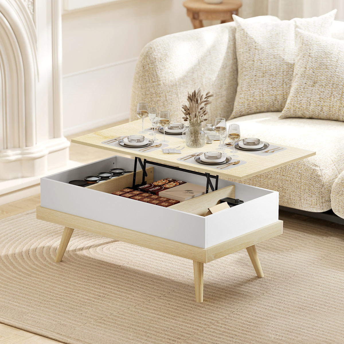 Table basse relevable avec 3 compartiments cachés, naturel et blanc