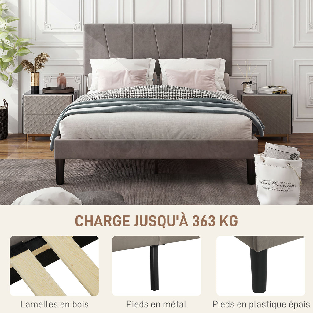 Lit double 140 x 190 cm gris effet velours, tête de lit réglable