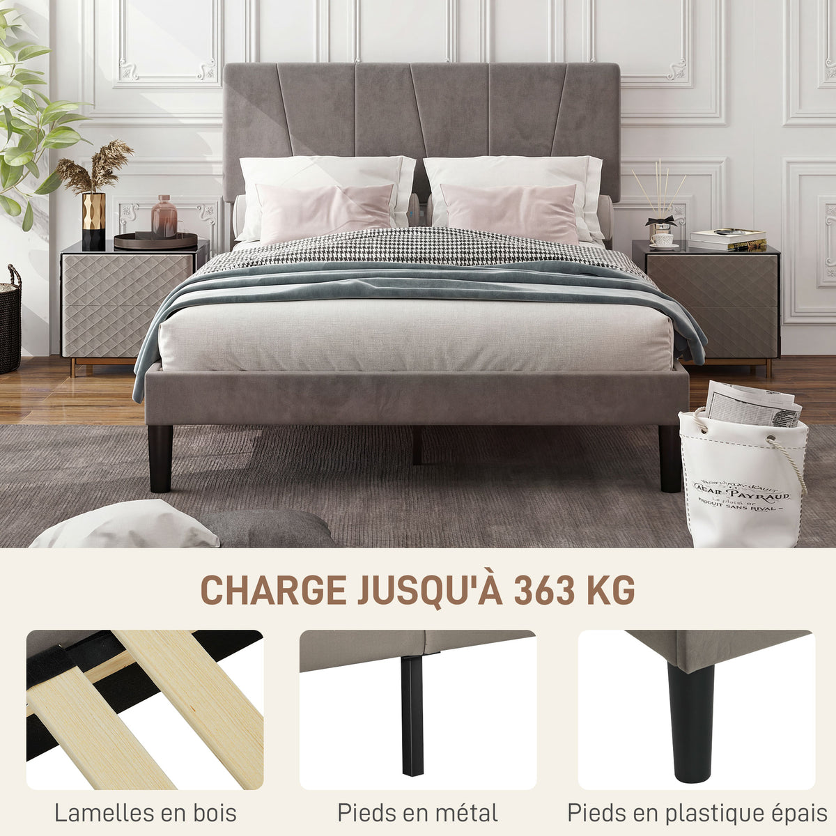 Lit double 140 x 190 cm gris effet velours, tête de lit réglable