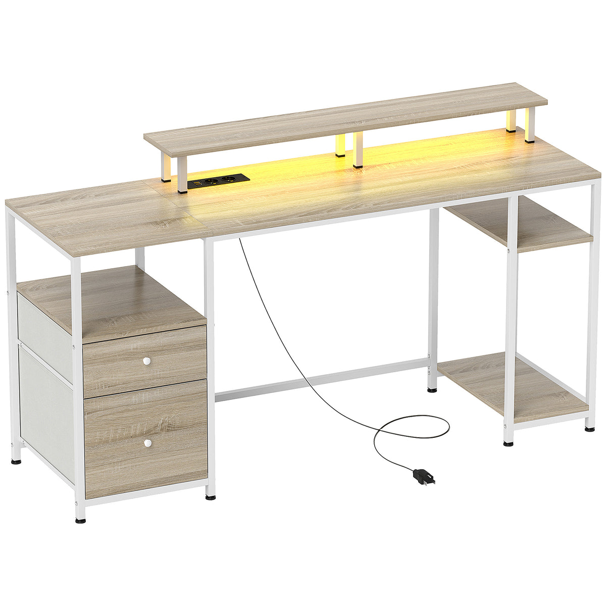 Bureau d'ordinateur bureau lumières LED réglables 2 prises ports USB tiroirs étagères 155,5x48x88,5cm effet bois naturel