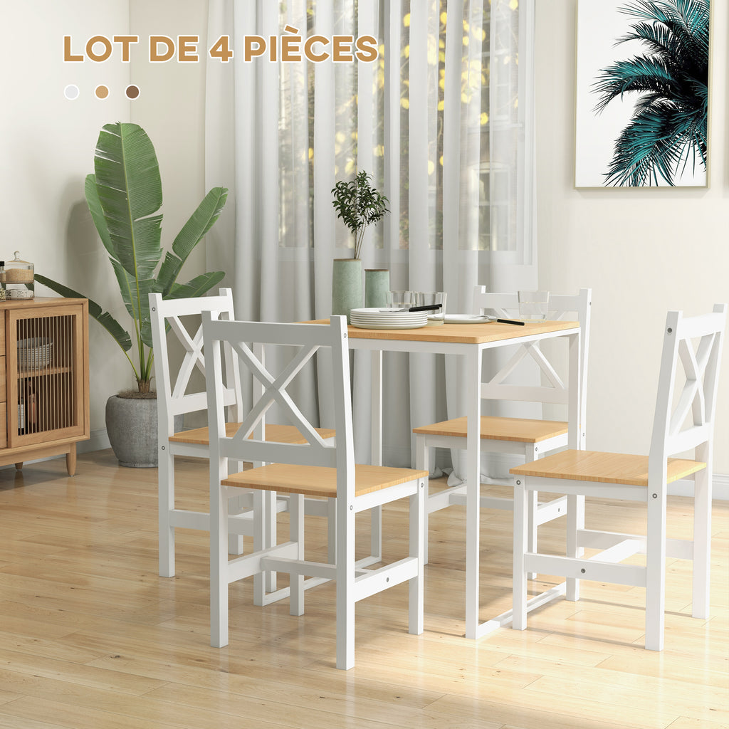 Lot de 4 chaises en bois massif style campagne, blanc et chêne