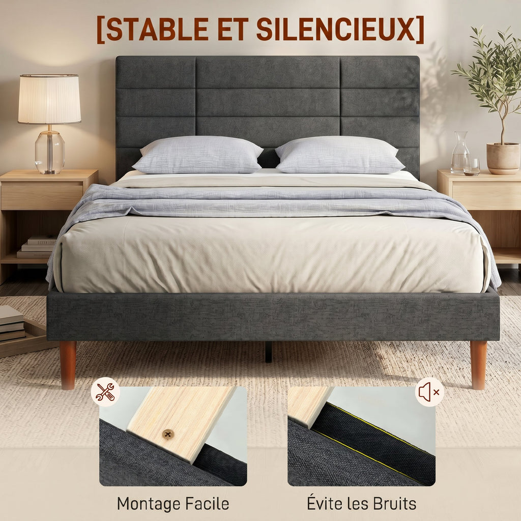 Lit double 140 x 200 cm effet lin gris, avec rangement sous le lit