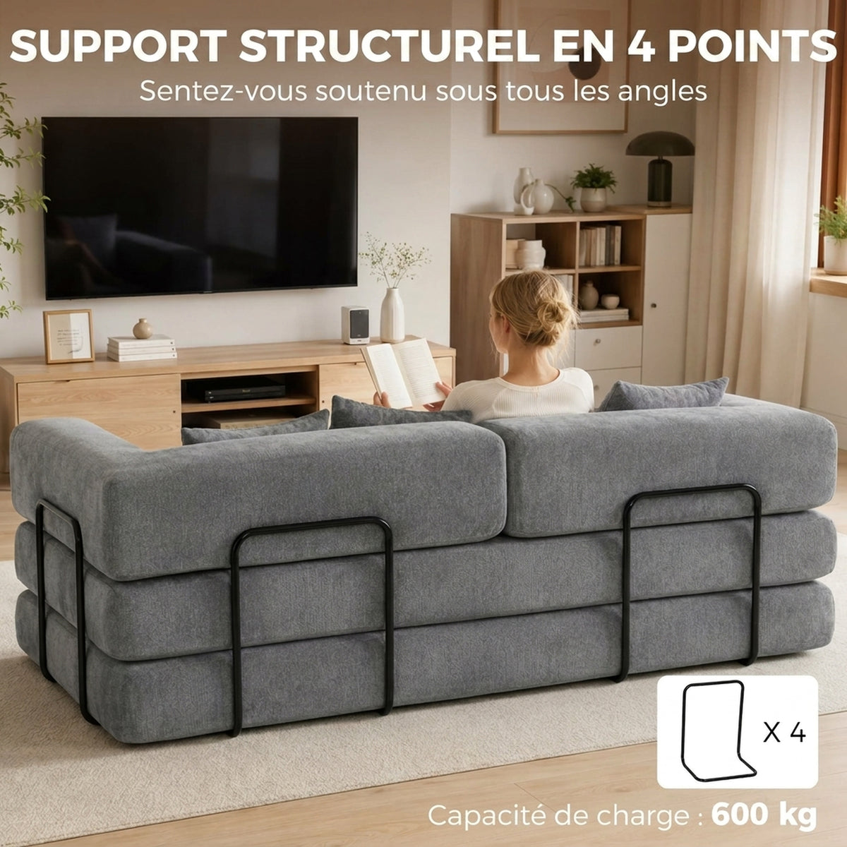 Canapé convertible 3 places en chenille gris, 205 cm