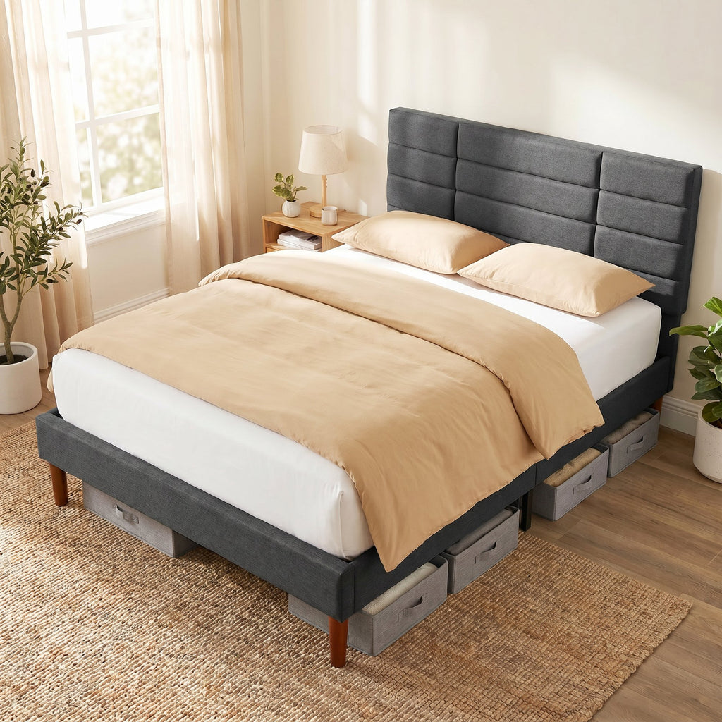 Lit double 140 x 200 cm effet lin gris, avec rangement sous le lit