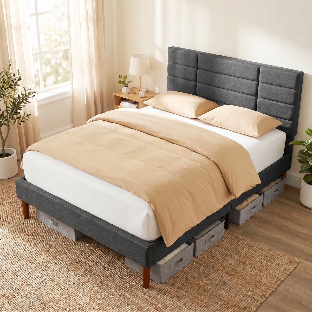 Lit double 140 x 200 cm effet lin gris, avec rangement sous le lit