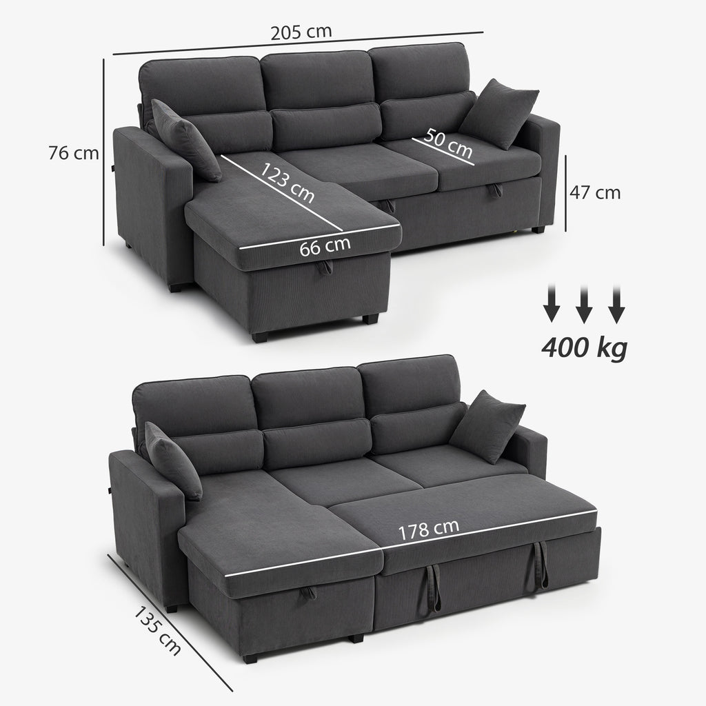 Canapé d'angle convertible 3 places en velours côtelé gris, 205 cm