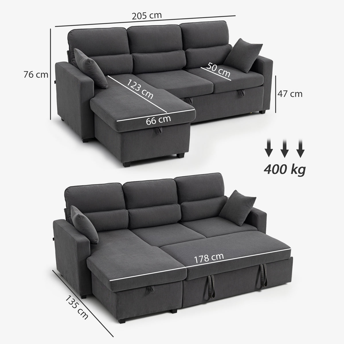 Canapé d'angle convertible 3 places en velours côtelé gris, 205 cm