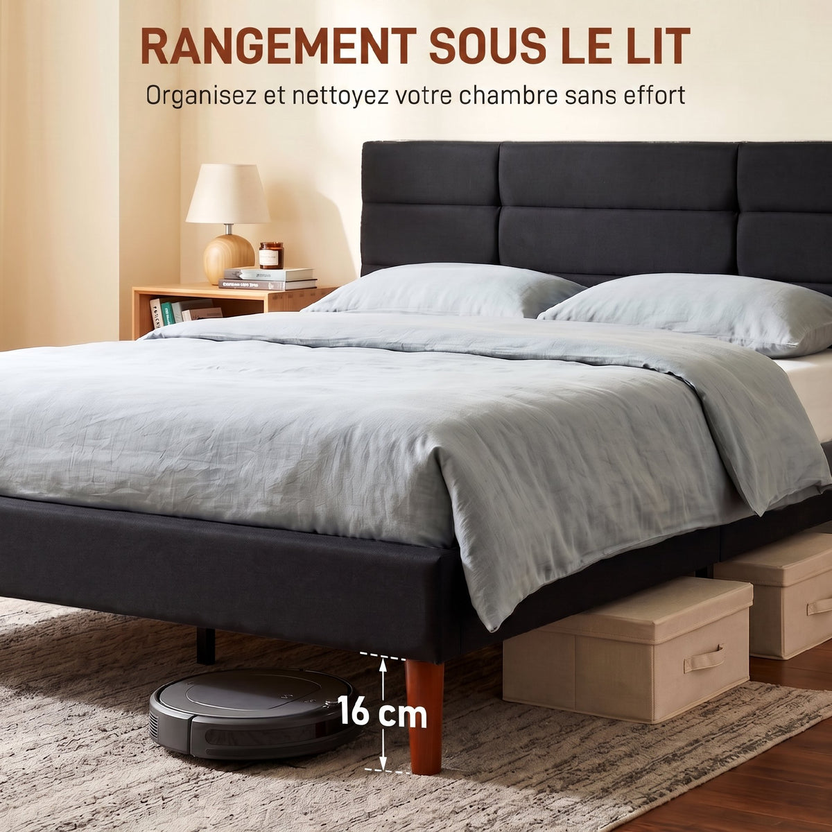 Lit double 140 x 200 cm effet lin noir, avec rangement sous le lit