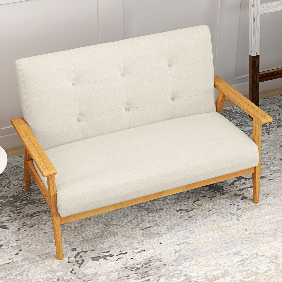 Canapé 2 places scandinave beige, dossier capitonné, 115 cm