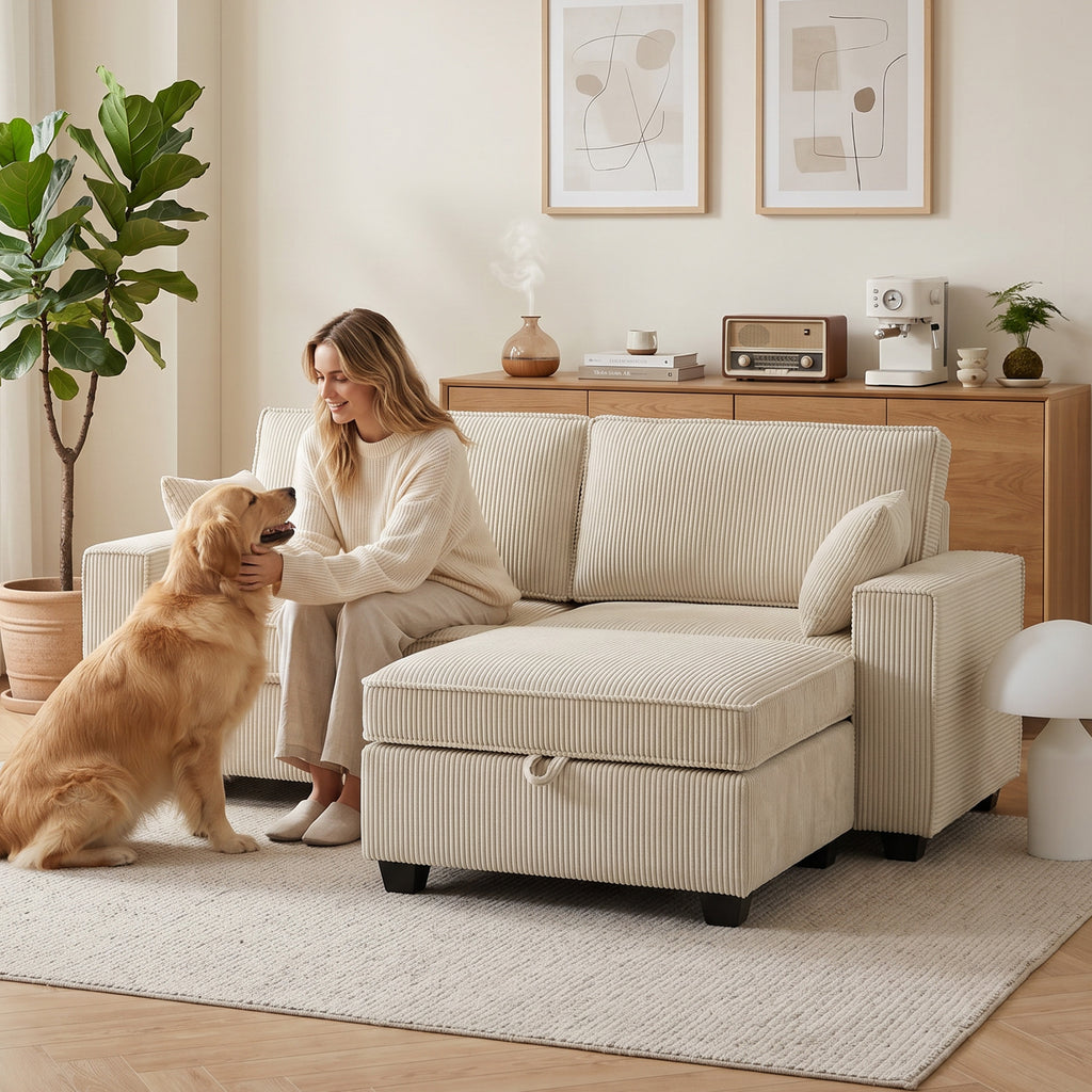 Canapé d'angle 3 places en velours côtelé beige avec pouf de rangement