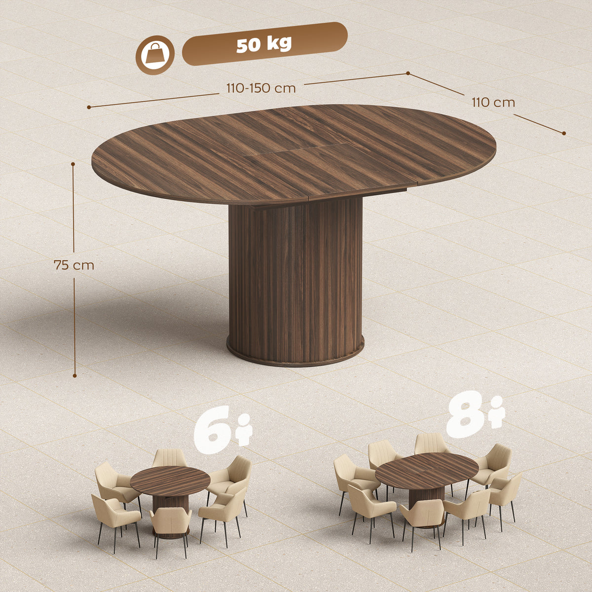 Table à manger extensible 6 à 8 personnes en noyer, 110-150 cm