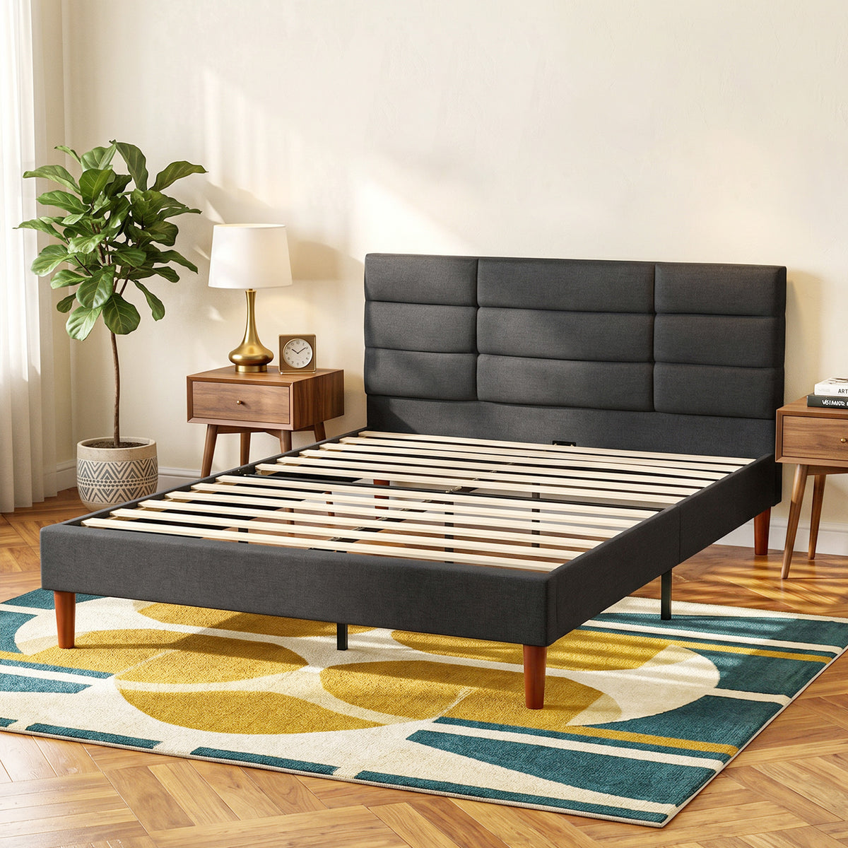 Lit double 140 x 200 cm effet lin gris, avec rangement sous le lit