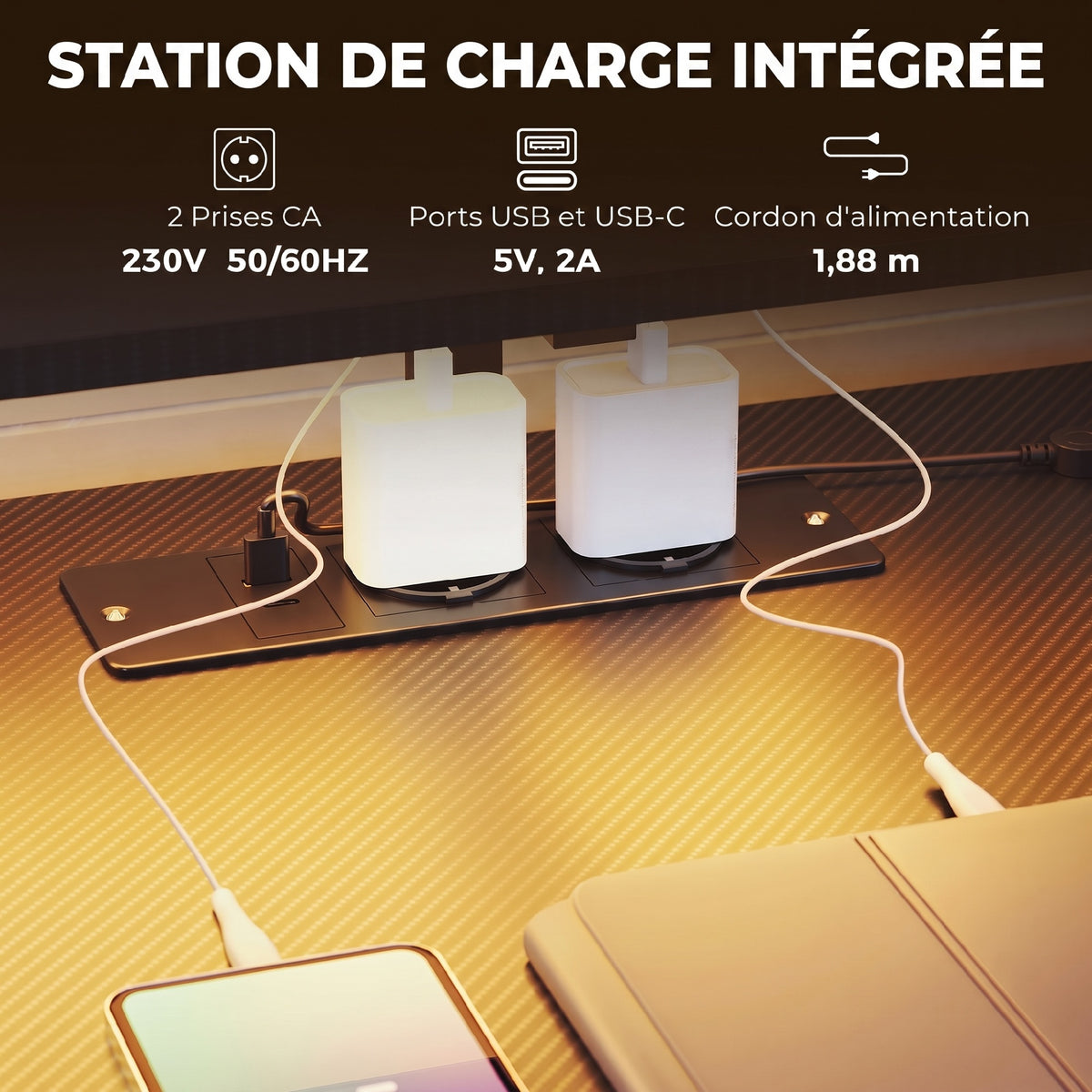 Bureau gaming 147 cm avec éclairage RGB et station de charge, noir