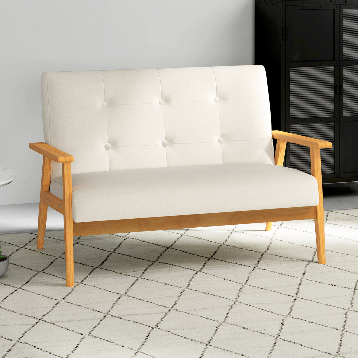 Canapé 2 places scandinave beige, dossier capitonné, 115 cm