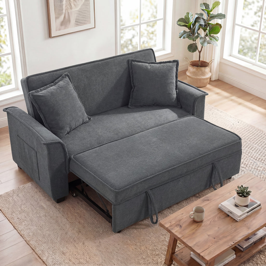 Canapé clic-clac convertible 2 places en chenille gris, poche latérale