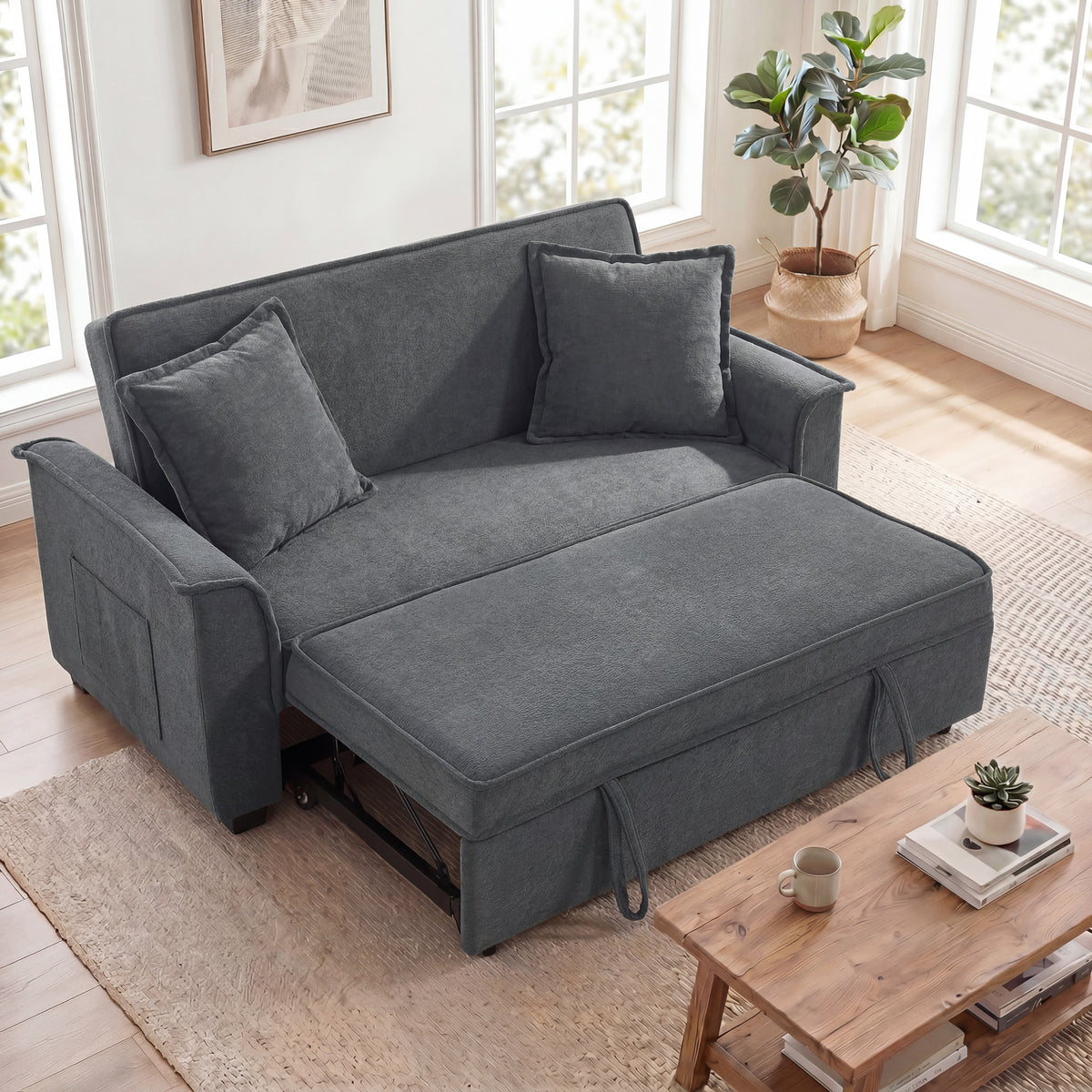Canapé clic-clac convertible 2 places en chenille gris, poche latérale
