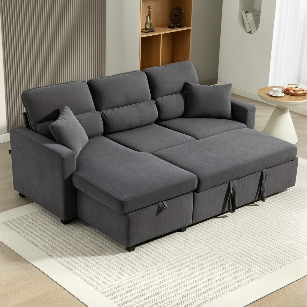 Canapé d'angle convertible 3 places en velours côtelé gris, 205 cm