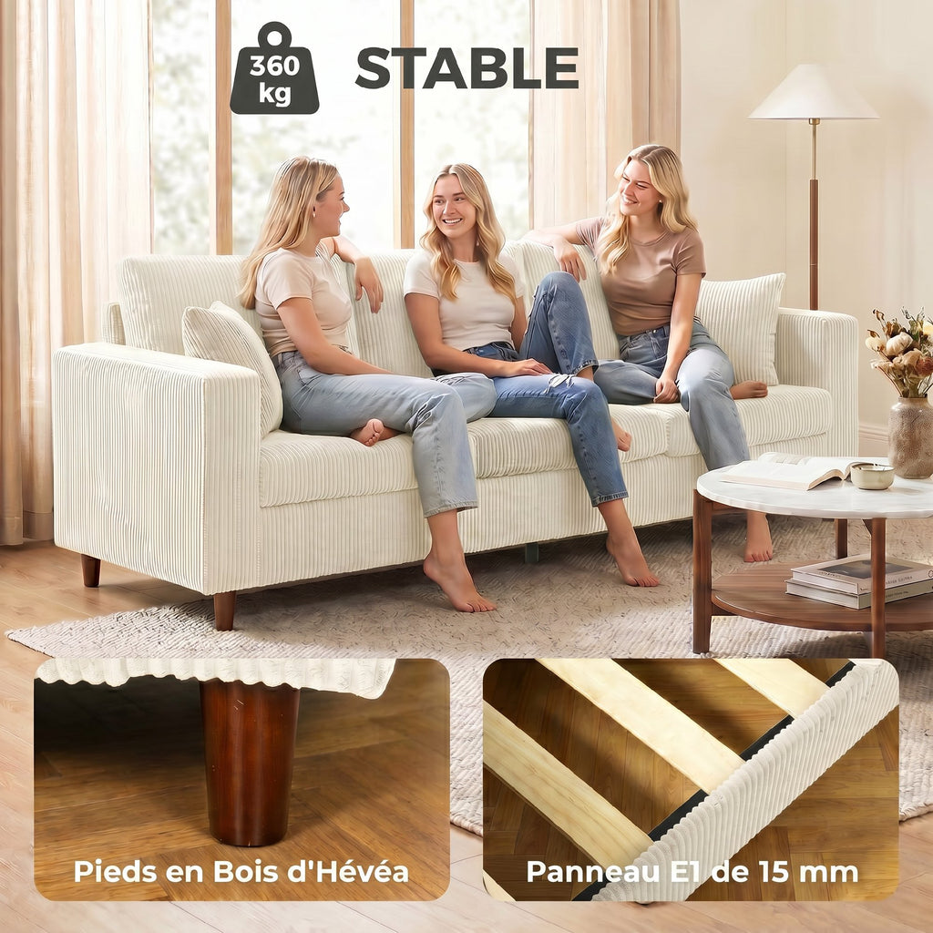 Canapé 3 places en velours côtelé crème, 225 cm