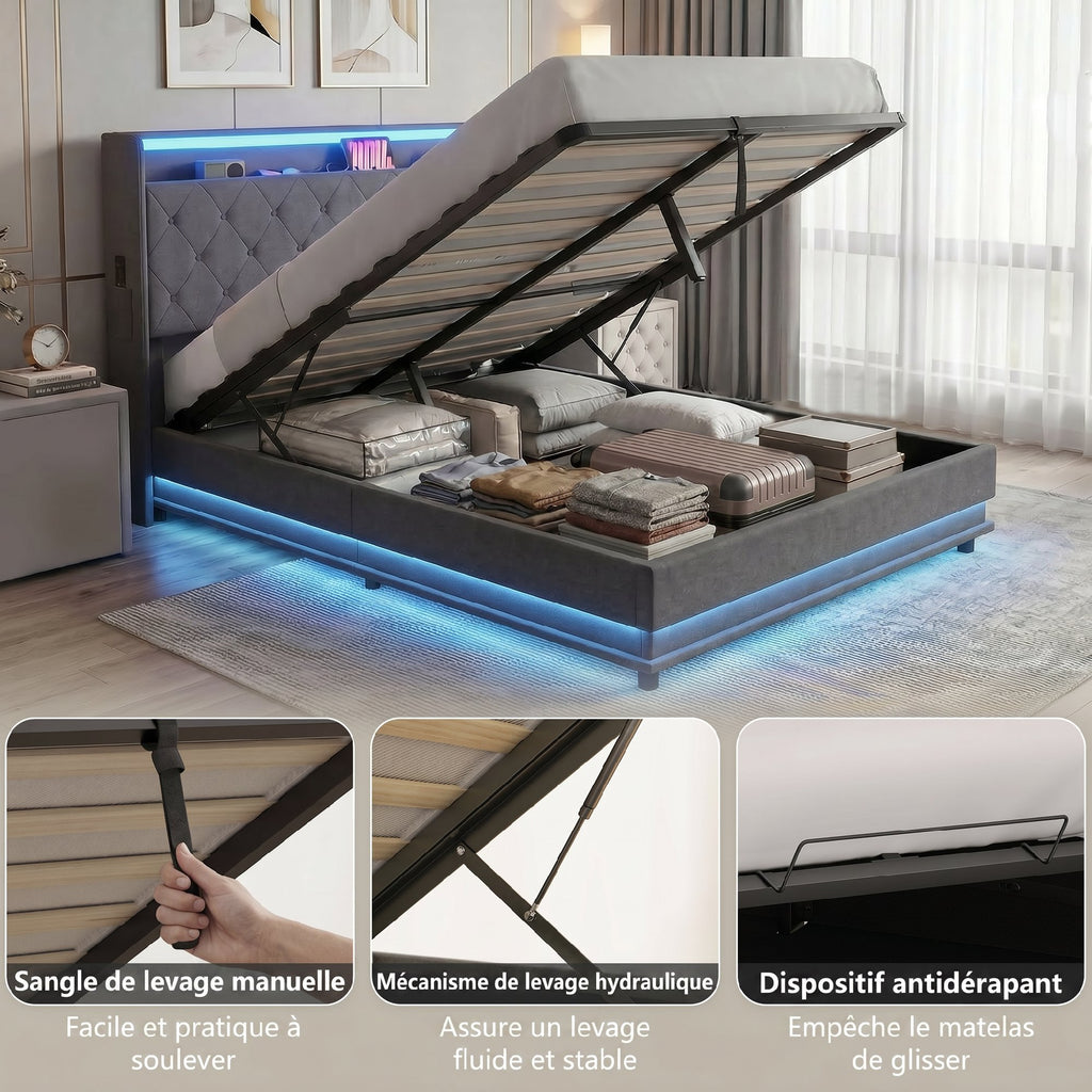 Lit coffre 140 x 190 cm gris, éclairage LED et station de charge USB