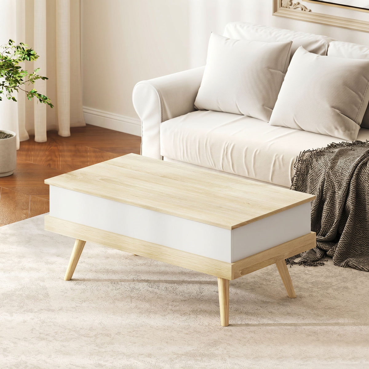 Table basse relevable avec 3 compartiments cachés, naturel et blanc