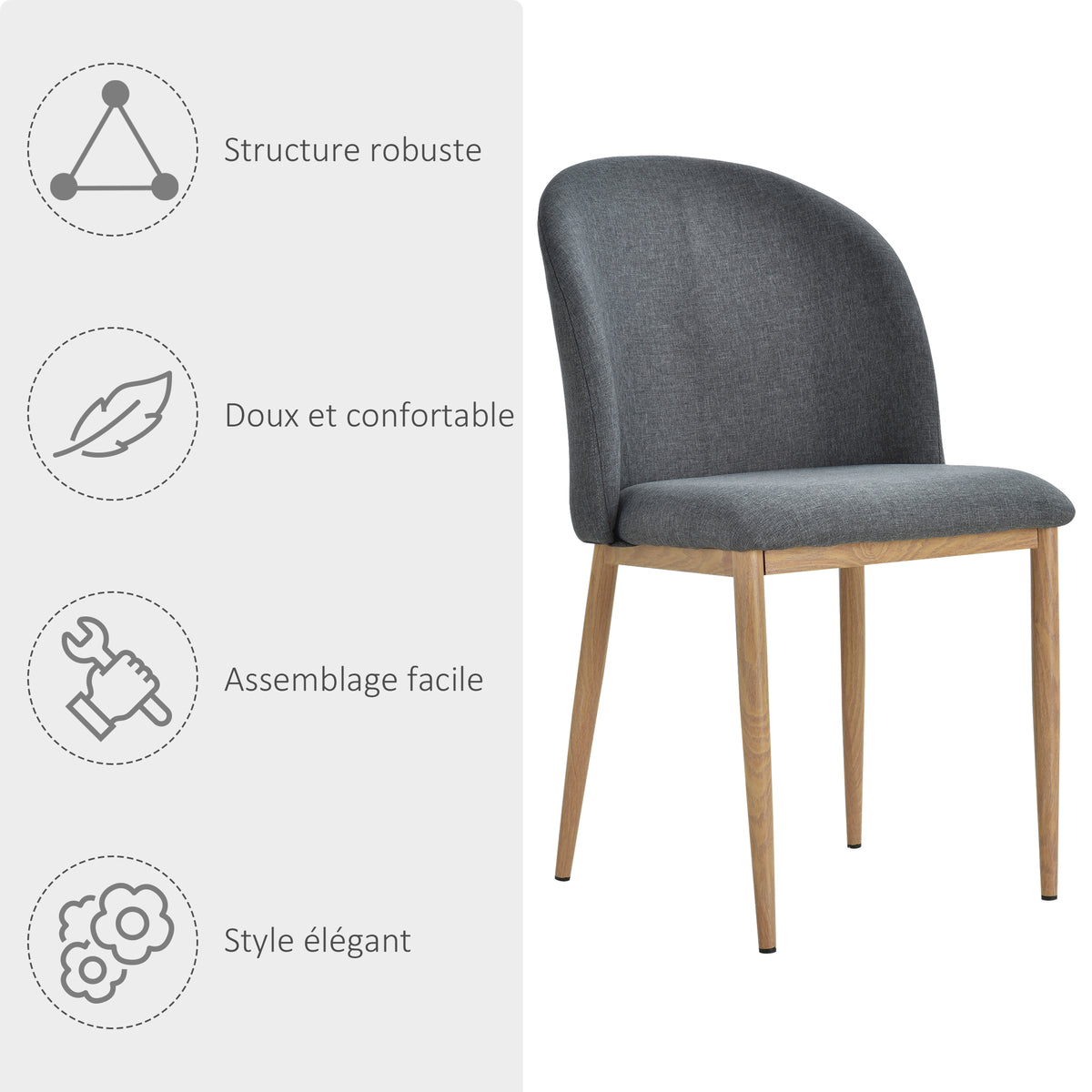 Lot de 2 chaises scandinaves grises, pieds en métal effet bois
