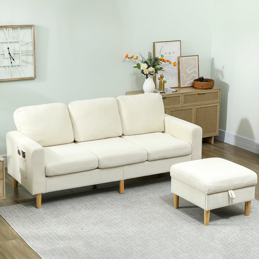 Canapé 3 places en velours côtelé beige avec repose-pieds, 192 cm