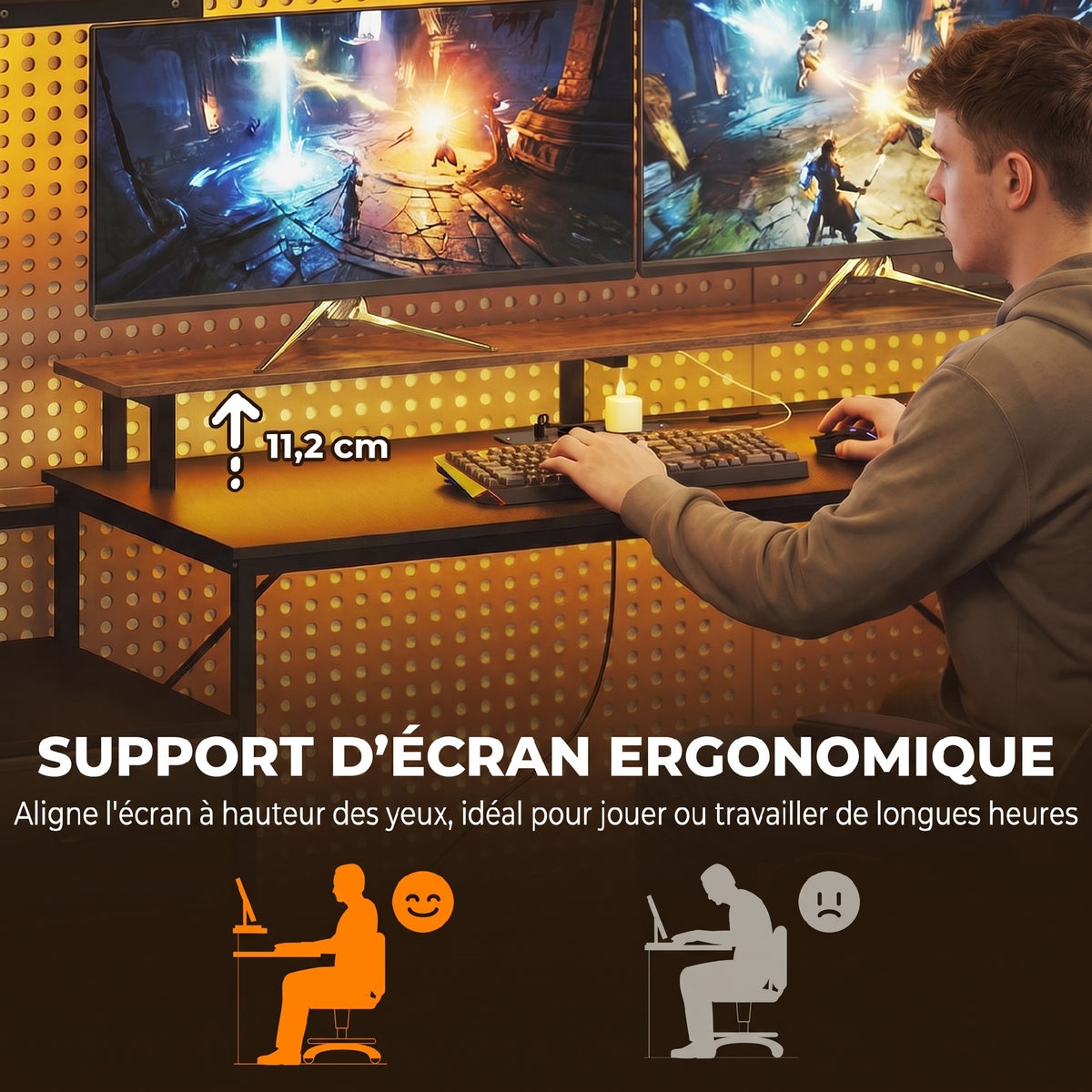 Bureau gaming 147 cm avec éclairage RGB et station de charge, noir