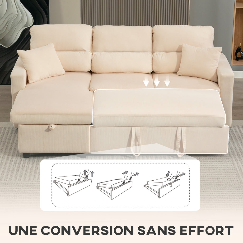 Canapé d'angle convertible 3 places en velours côtelé beige, 205 cm