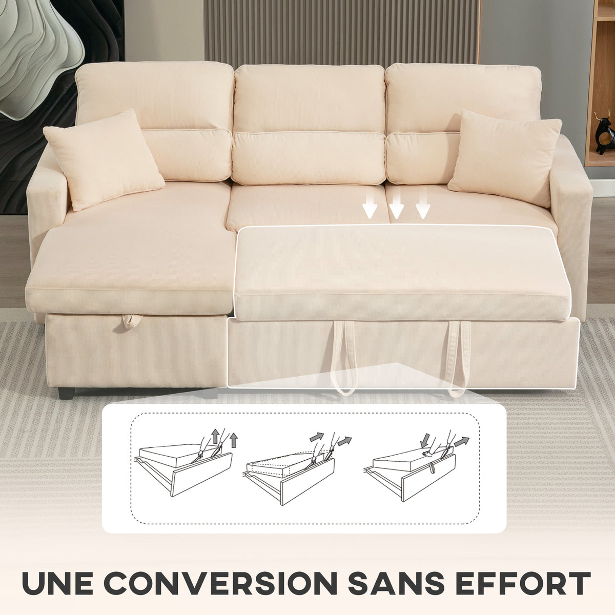 Canapé d'angle convertible 3 places en velours côtelé beige, 205 cm